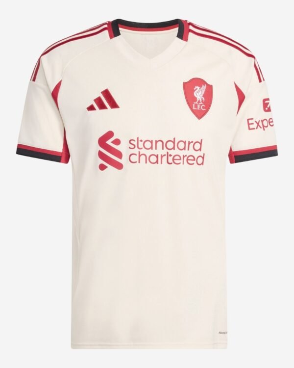 Camiseta Adidas Liverpool Visita 25/26. Diseño color crema con detalles rojos, escudo del club y patrocinadores.