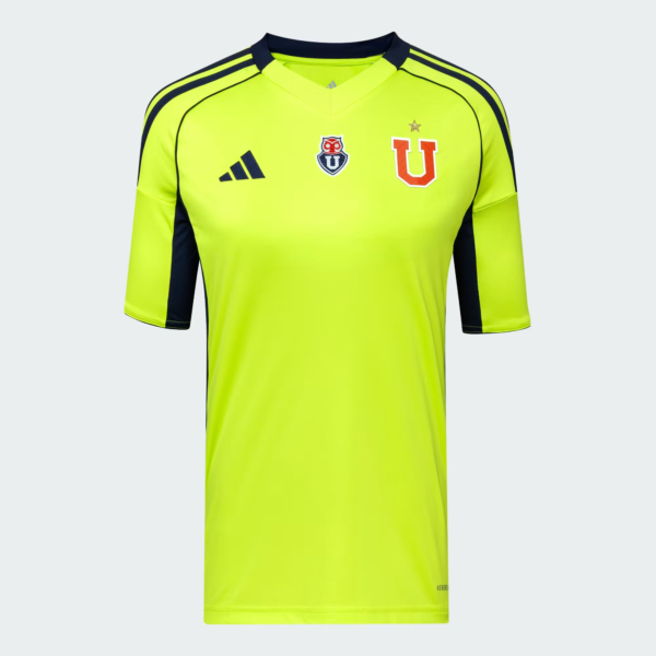 Camiseta Adidas U. de Chile niño 25/26, tercera equipación. Diseño moderno en amarillo y azul.